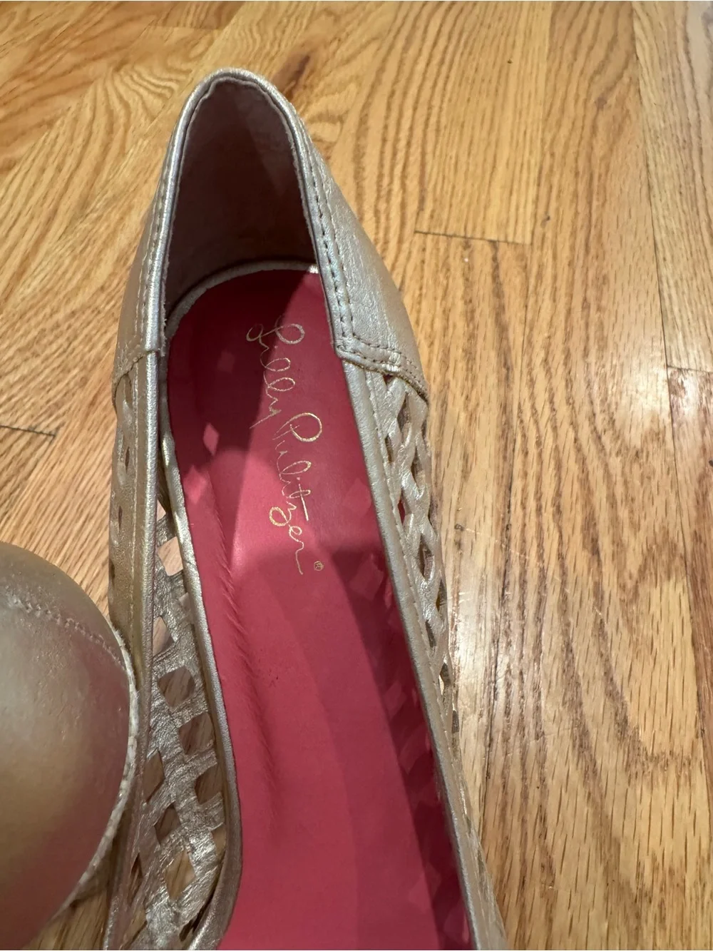 Lilly Pulitzer- Metallic Gold Peep-Toe Wedges with Pink Insole. Size 8.5